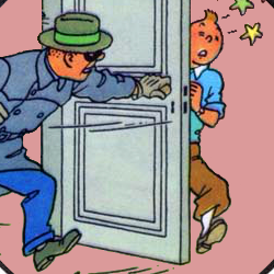 Tintin being knocked out by a door
